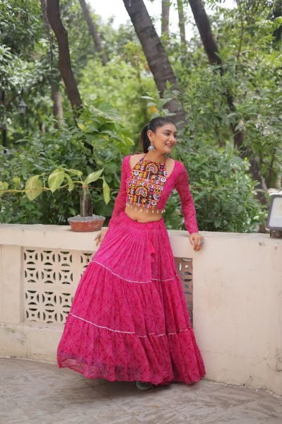 Magenta Pink Lehenga Bandhani Style with Embroidered Blouse Designer Navratri Wear  Navratri Collection
