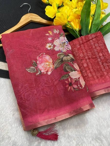 Magenta Pink Linen Printed Saree with Rich Floral Design and Matching Blouse at Low Price Printed Cotton Sarees Wholesale