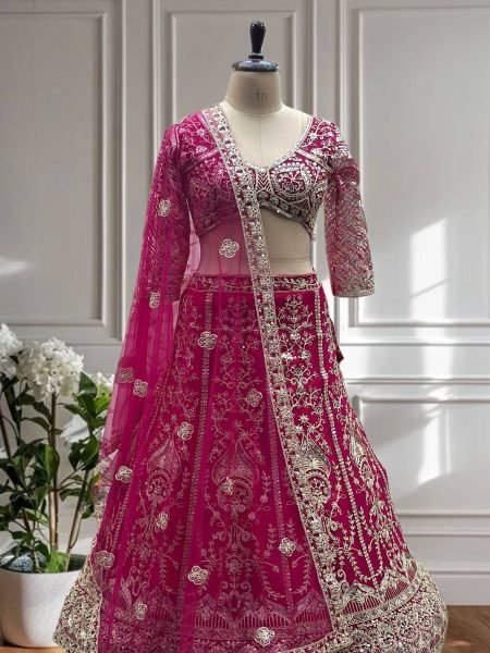 Magenta Pink Net Embroidery Sequence Lehenga Choli with Dupatta Wedding Wear  Lehenga