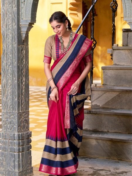 Magenta Pink Poly Cotton Saree with Zari Weaving and Contrast Border Wedding Wear Sarees 
