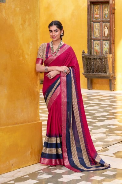 Magenta Pink Poly Cotton Saree with Zari Weaving and Contrast Border Wedding Wear Cotton Sarees Wholesale