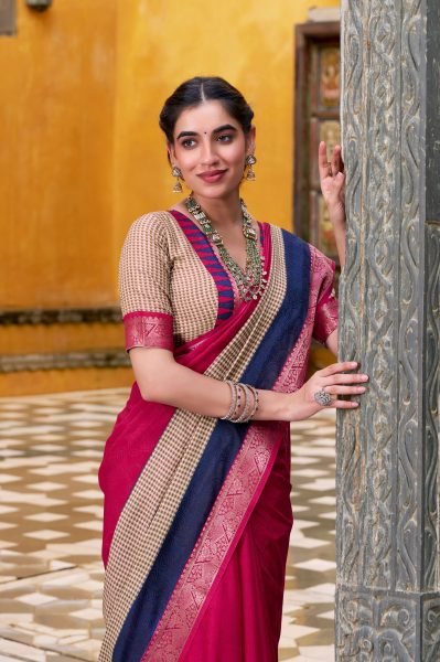 Magenta Pink Poly Cotton Saree with Zari Weaving and Contrast Border Wedding Wear Cotton Sarees Wholesale