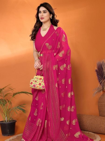 Magenta Soft Georgette Saree with Foil Work and Samosa Lace Border at Low Price Georgette Sarees Wholesale