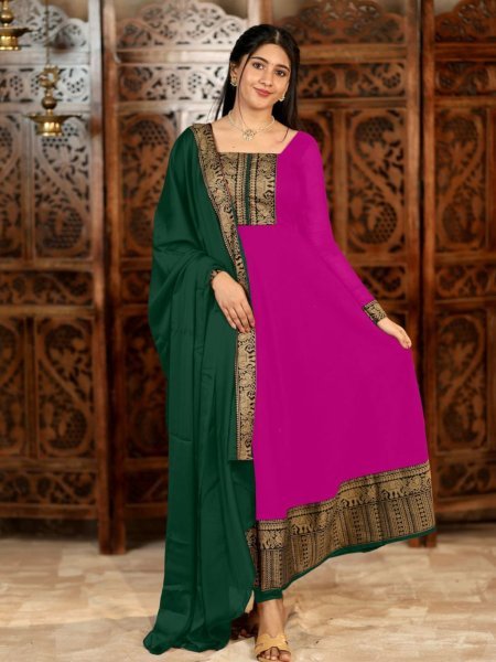 Magenta Vichitra Silk Suit with Golden Jacquard Lace for Festive Wear Anarkali Kurtis 