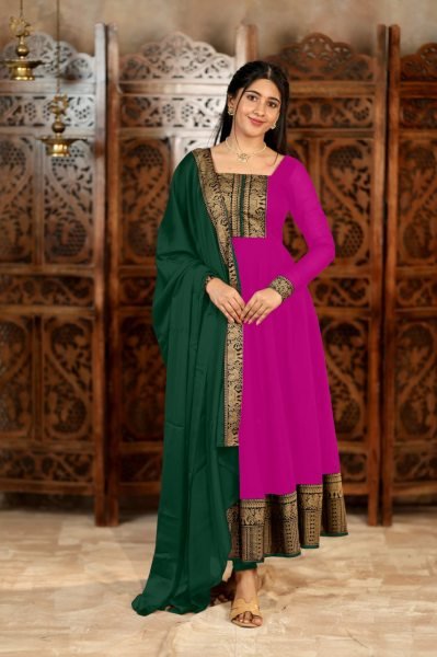 Magenta Vichitra Silk Suit with Golden Jacquard Lace for Festive Wear Anarkali Kurtis 