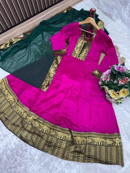 Magenta Vichitra Silk Suit with Golden Jacquard Lace for Festive Wear Anarkali Kurtis 