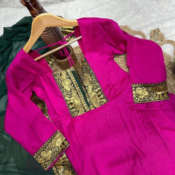 Magenta Vichitra Silk Suit with Golden Jacquard Lace for Festive Wear Anarkali Kurtis 