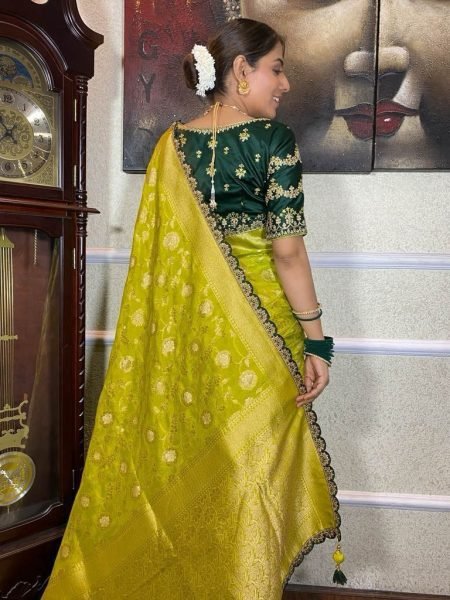 Magical Yellow Green Combination Premium Zari Mina  Banarasi Silk Saree Best Price Banarasi Saree Wholesale