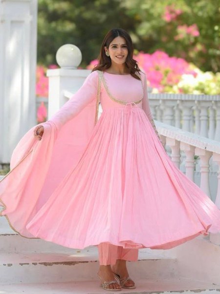 Magnetic Baby Pink NC Vichitra Silk Anarkali Suit with Dupatta For Party Wear Ready To Wear Suit
