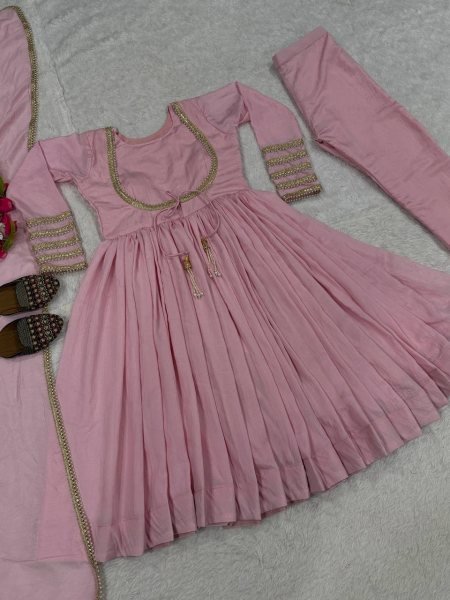 Magnetic Baby Pink NC Vichitra Silk Anarkali Suit with Dupatta For Party Wear Ready To Wear Collection