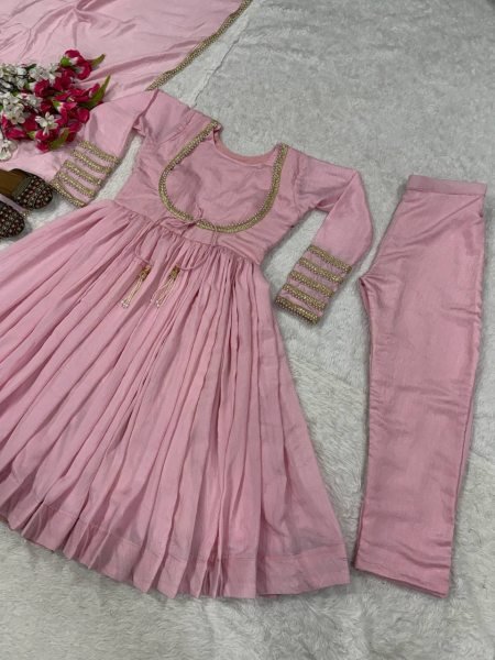 Magnetic Baby Pink NC Vichitra Silk Anarkali Suit with Dupatta For Party Wear Ready To Wear Collection