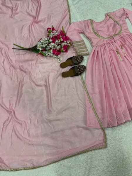 Magnetic Baby Pink NC Vichitra Silk Anarkali Suit with Dupatta For Party Wear Ready To Wear Collection