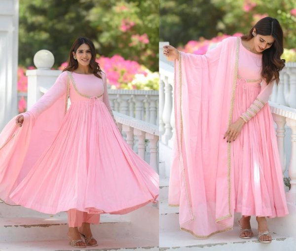 Magnetic Baby Pink NC Vichitra Silk Anarkali Suit with Dupatta For Party Wear Ready To Wear Collection