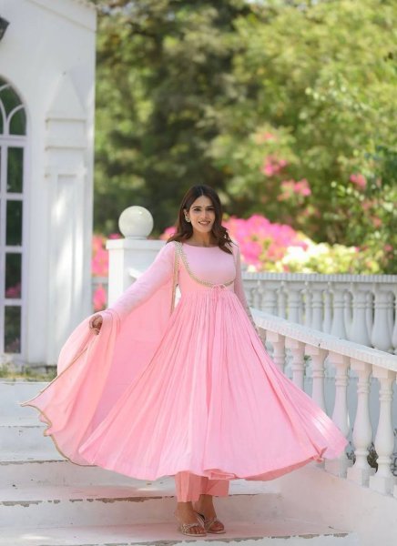 Magnetic Baby Pink NC Vichitra Silk Anarkali Suit with Dupatta For Party Wear Ready To Wear Collection