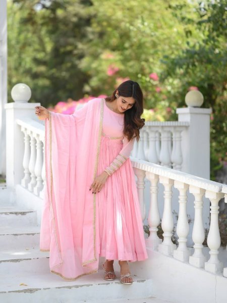 Magnetic Baby Pink NC Vichitra Silk Anarkali Suit with Dupatta For Party Wear Ready To Wear Collection
