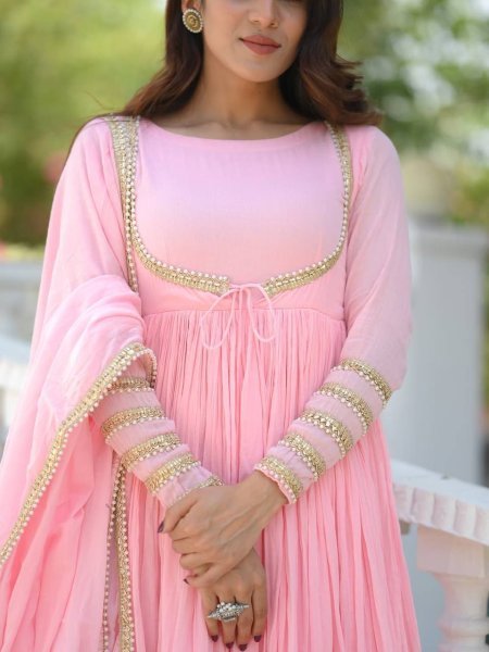 Magnetic Baby Pink NC Vichitra Silk Anarkali Suit with Dupatta For Party Wear Ready To Wear Collection