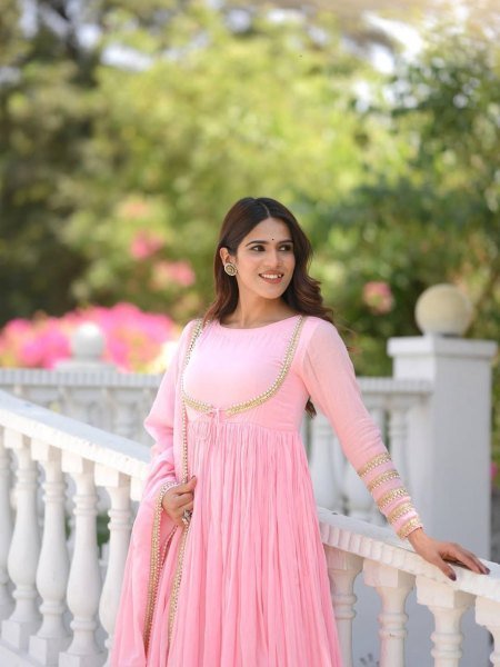 Magnetic Baby Pink NC Vichitra Silk Anarkali Suit with Dupatta For Party Wear Ready To Wear Collection