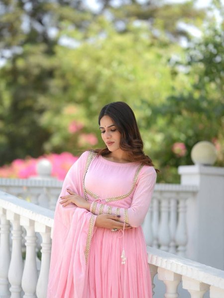 Magnetic Baby Pink NC Vichitra Silk Anarkali Suit with Dupatta For Party Wear Ready To Wear Collection