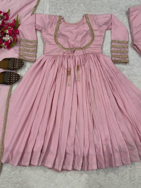 Magnetic Baby Pink NC Vichitra Silk Anarkali Suit with Dupatta For Party Wear Ready To Wear Collection