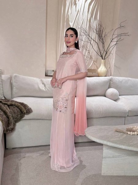 Magnetic Baby Pink Party Wear Roman Glass Silk Sharara Suit with Beads Moti Embroidery 