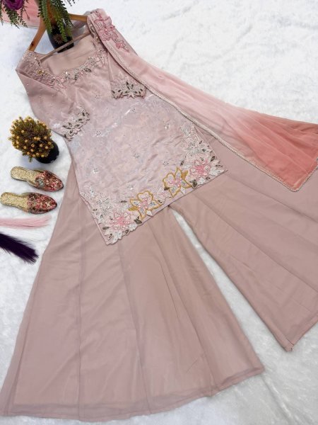 Magnetic Baby Pink Party Wear Roman Glass Silk Sharara Suit with Beads Moti Embroidery Ready To Wear Collection