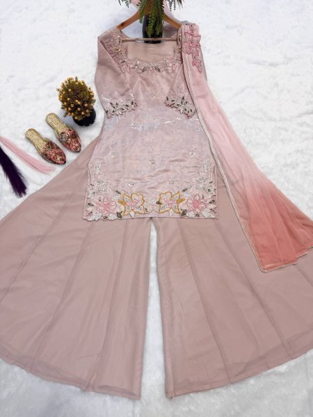 Magnetic Baby Pink Party Wear Roman Glass Silk Sharara Suit with Beads Moti Embroidery Ready To Wear Collection