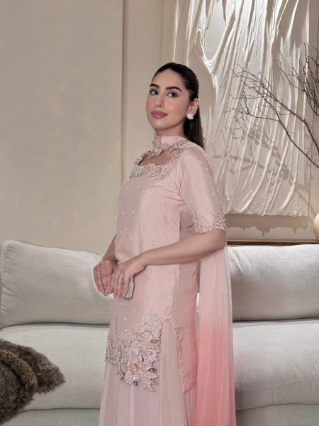 Magnetic Baby Pink Party Wear Roman Glass Silk Sharara Suit with Beads Moti Embroidery Ready To Wear Collection