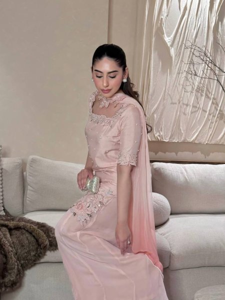 Magnetic Baby Pink Party Wear Roman Glass Silk Sharara Suit with Beads Moti Embroidery Ready To Wear Collection