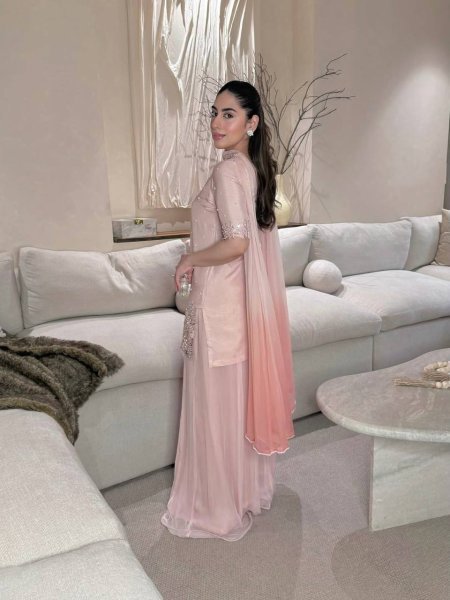 Magnetic Baby Pink Party Wear Roman Glass Silk Sharara Suit with Beads Moti Embroidery Ready To Wear Collection