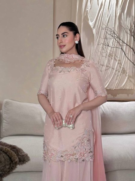 Magnetic Baby Pink Party Wear Roman Glass Silk Sharara Suit with Beads Moti Embroidery Ready To Wear Collection