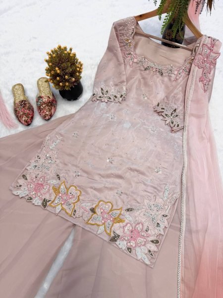 Magnetic Baby Pink Party Wear Roman Glass Silk Sharara Suit with Beads Moti Embroidery Ready To Wear Collection