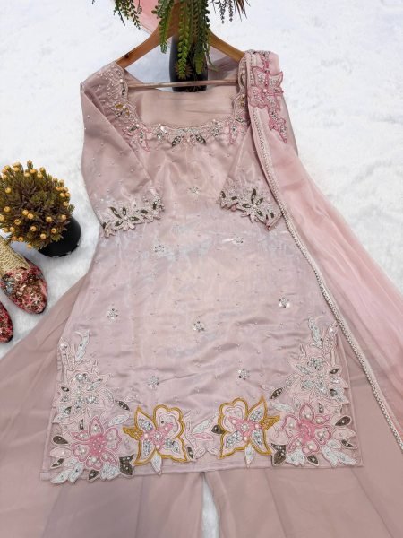 Magnetic Baby Pink Party Wear Roman Glass Silk Sharara Suit with Beads Moti Embroidery Ready To Wear Collection