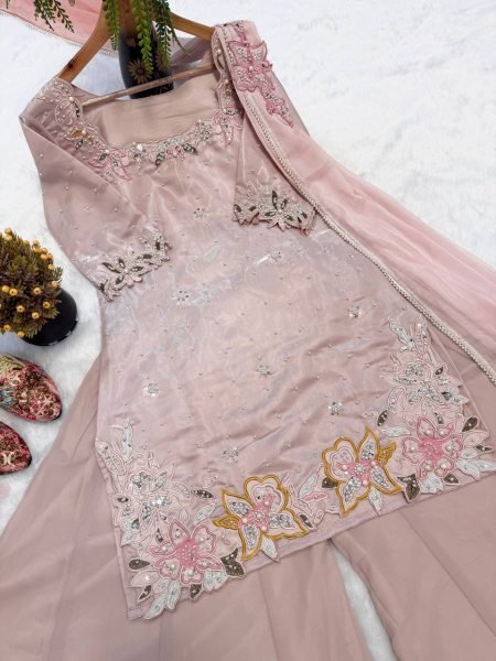 Magnetic Baby Pink Party Wear Roman Glass Silk Sharara Suit with Beads Moti Embroidery Ready To Wear Collection