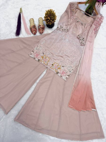 Magnetic Baby Pink Party Wear Roman Glass Silk Sharara Suit with Beads Moti Embroidery Ready To Wear Collection