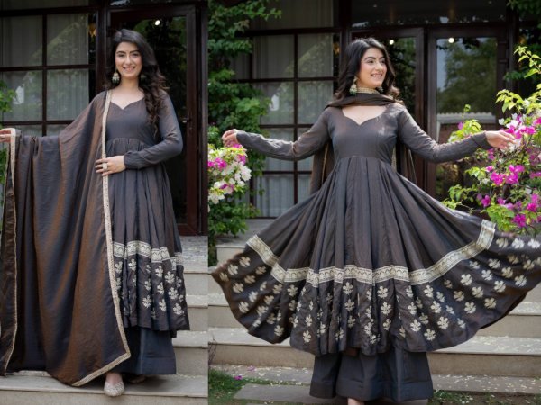 Magnetic Black Designer Vichitra Silk Anarkali Suit with Heavy Sequin Work For Festival Ready To Wear Collection