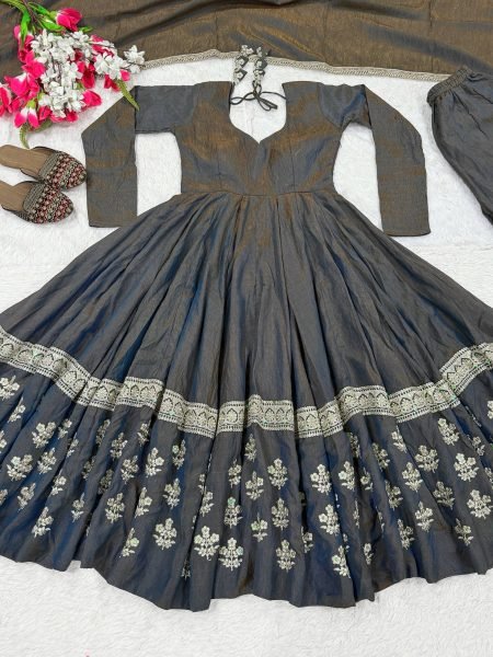 Magnetic Black Designer Vichitra Silk Anarkali Suit with Heavy Sequin Work For Festival Ready To Wear Collection