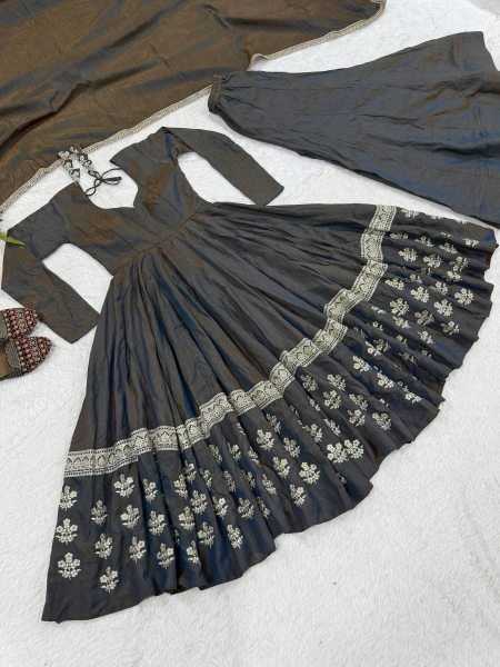 Magnetic Black Designer Vichitra Silk Anarkali Suit with Heavy Sequin Work For Festival Ready To Wear Collection