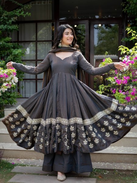 Magnetic Black Designer Vichitra Silk Anarkali Suit with Heavy Sequin Work For Festival Ready To Wear Collection