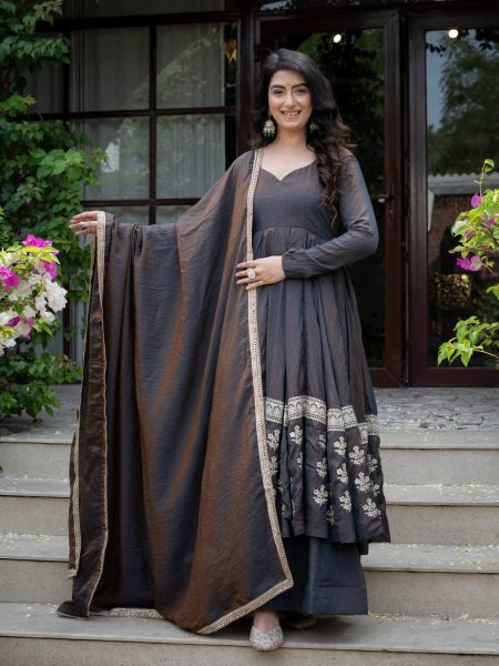 Magnetic Black Designer Vichitra Silk Anarkali Suit with Heavy Sequin Work For Festival Ready To Wear Collection