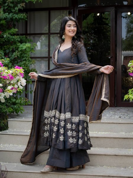 Magnetic Black Designer Vichitra Silk Anarkali Suit with Heavy Sequin Work For Festival Ready To Wear Collection