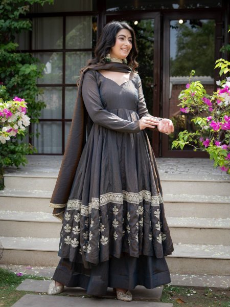 Magnetic Black Designer Vichitra Silk Anarkali Suit with Heavy Sequin Work For Festival Ready To Wear Collection