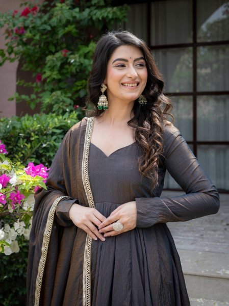 Magnetic Black Designer Vichitra Silk Anarkali Suit with Heavy Sequin Work For Festival Ready To Wear Collection