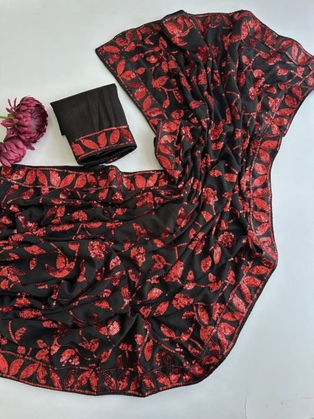 Magnetic Black Faux Georgette Sequin Embroidered Saree with Mono Silk Blouse Bollywood Fancy Sarees Wholesale