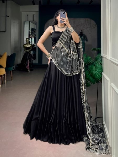 Magnetic Black Fully Stitched Moonga Silk Lehenga with Blouse and Dupatta Wholesale Lehengas Suppliers in Germany