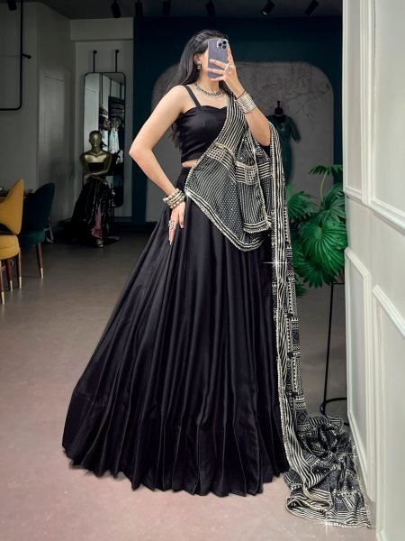 Magnetic Black Fully Stitched Moonga Silk Lehenga with Blouse and Dupatta Navratri Lehnega Choli