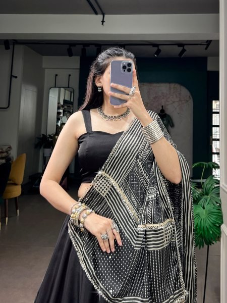 Magnetic Black Fully Stitched Moonga Silk Lehenga with Blouse and Dupatta Navratri Lehnega Choli