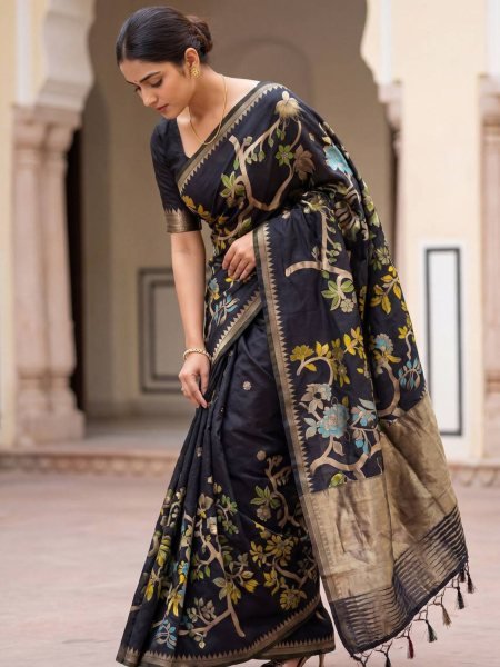 Magnetic Black Hand Dyed Crepe Silk Saree with Fancy Latkans at Manufacturer Price Sarees 