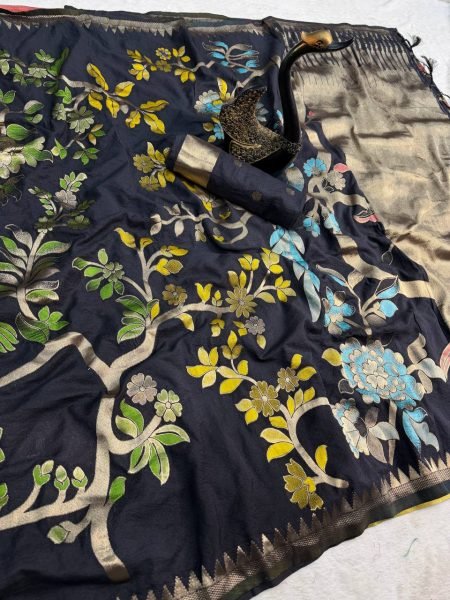 Magnetic Black Hand Dyed Crepe Silk Saree with Fancy Latkans at Manufacturer Price Silk Sarees Wholesale