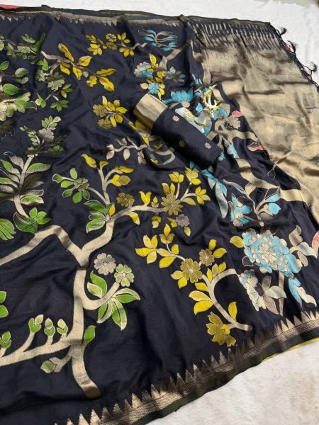 Magnetic Black Hand Dyed Crepe Silk Saree with Fancy Latkans at Manufacturer Price Silk Sarees Wholesale