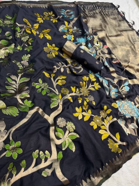 Magnetic Black Hand Dyed Crepe Silk Saree with Fancy Latkans at Manufacturer Price Silk Sarees Wholesale